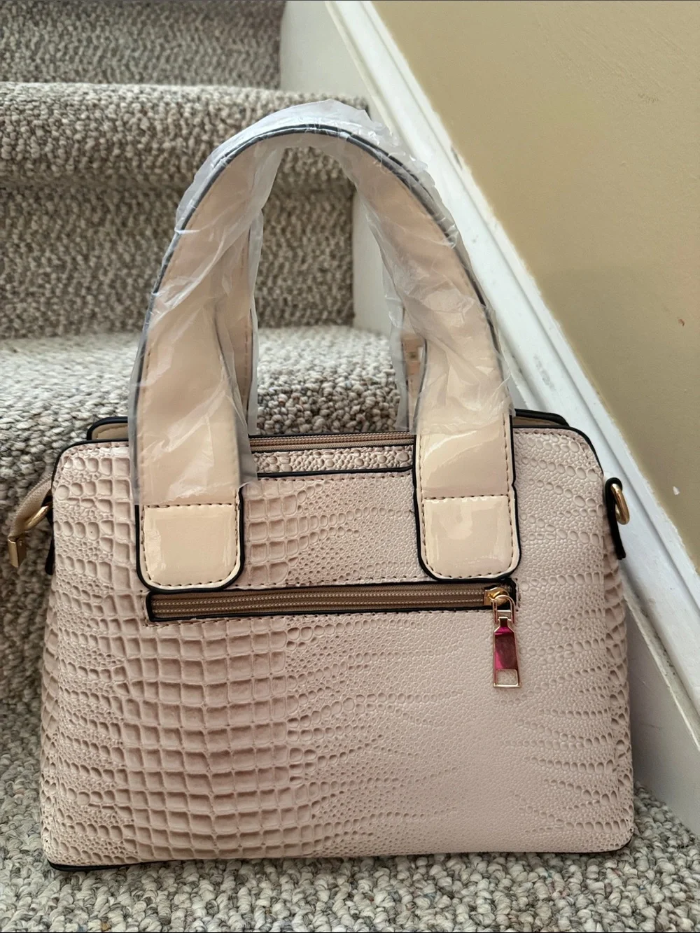 Beige & Pink Structured Satchel with Matching Wallet